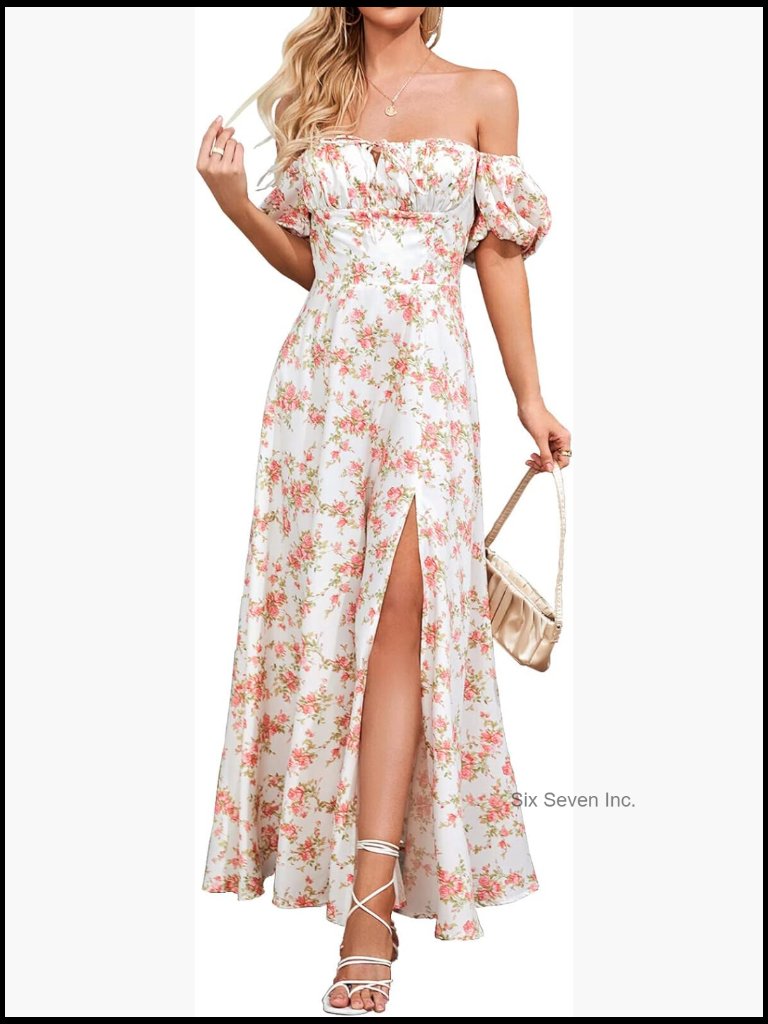 Puff Sleeve Floral Maxi Dress With Front Slit And Backless Design